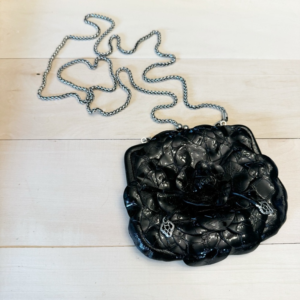 Brighton Black Flower Crossbody Purse Bag  Silver Tone Chain